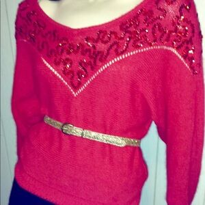 Vintage 80s RED Glam Sequin Dolman Slv Angora Sweater